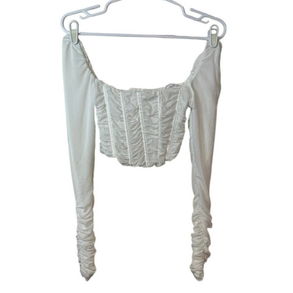 Luca + Grae Corset Long Ruched Sleeve Fitted Crop Top Size S White Romantic